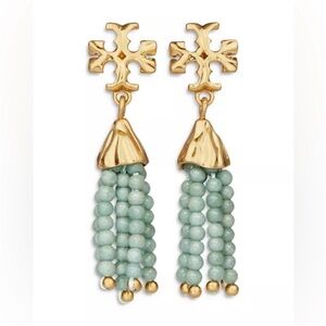 Tory Burch Chic Gold and Green Beaded Drop Earrings